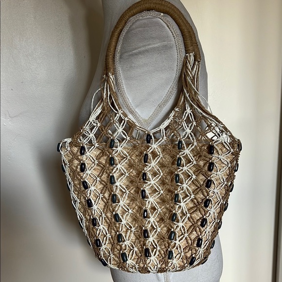 J. Crew Tan and White Textured Straw Shoulder Bag with Beaded Netting Overlay - Picture 2 of 5